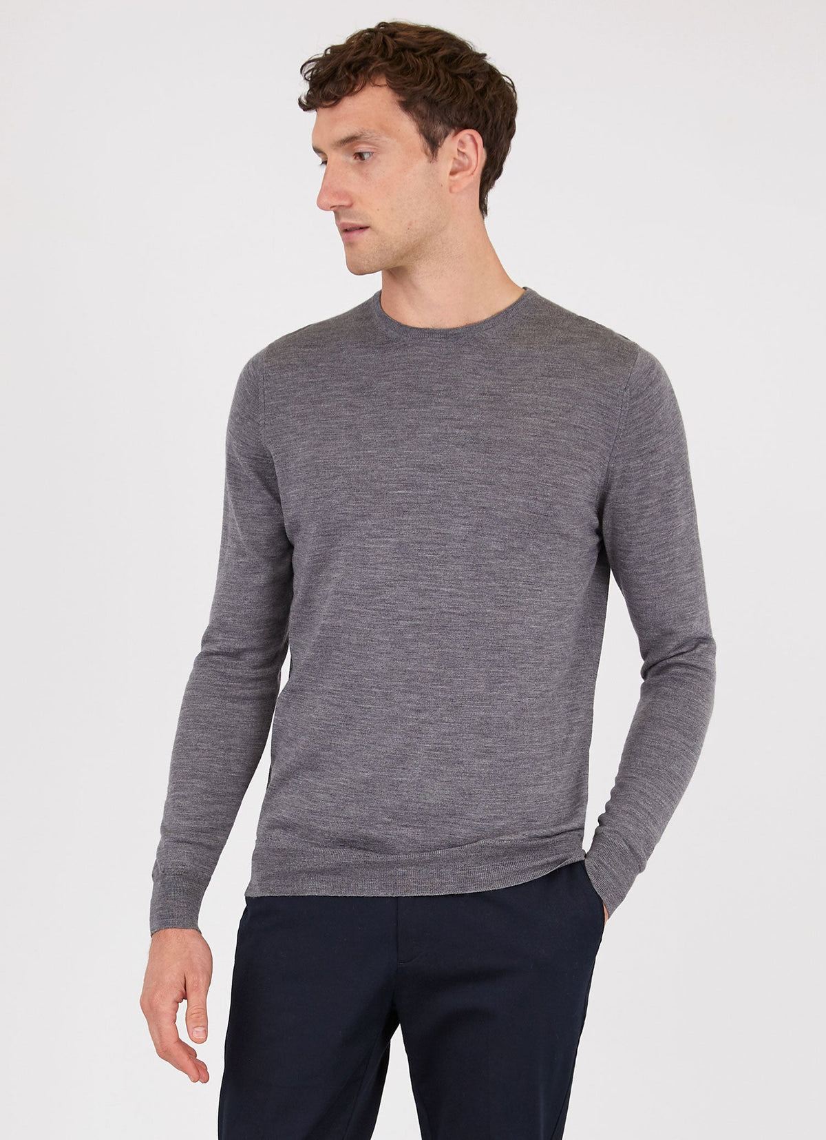Mens Fine Merino Wool Jumper Grey Melange Mjum8058