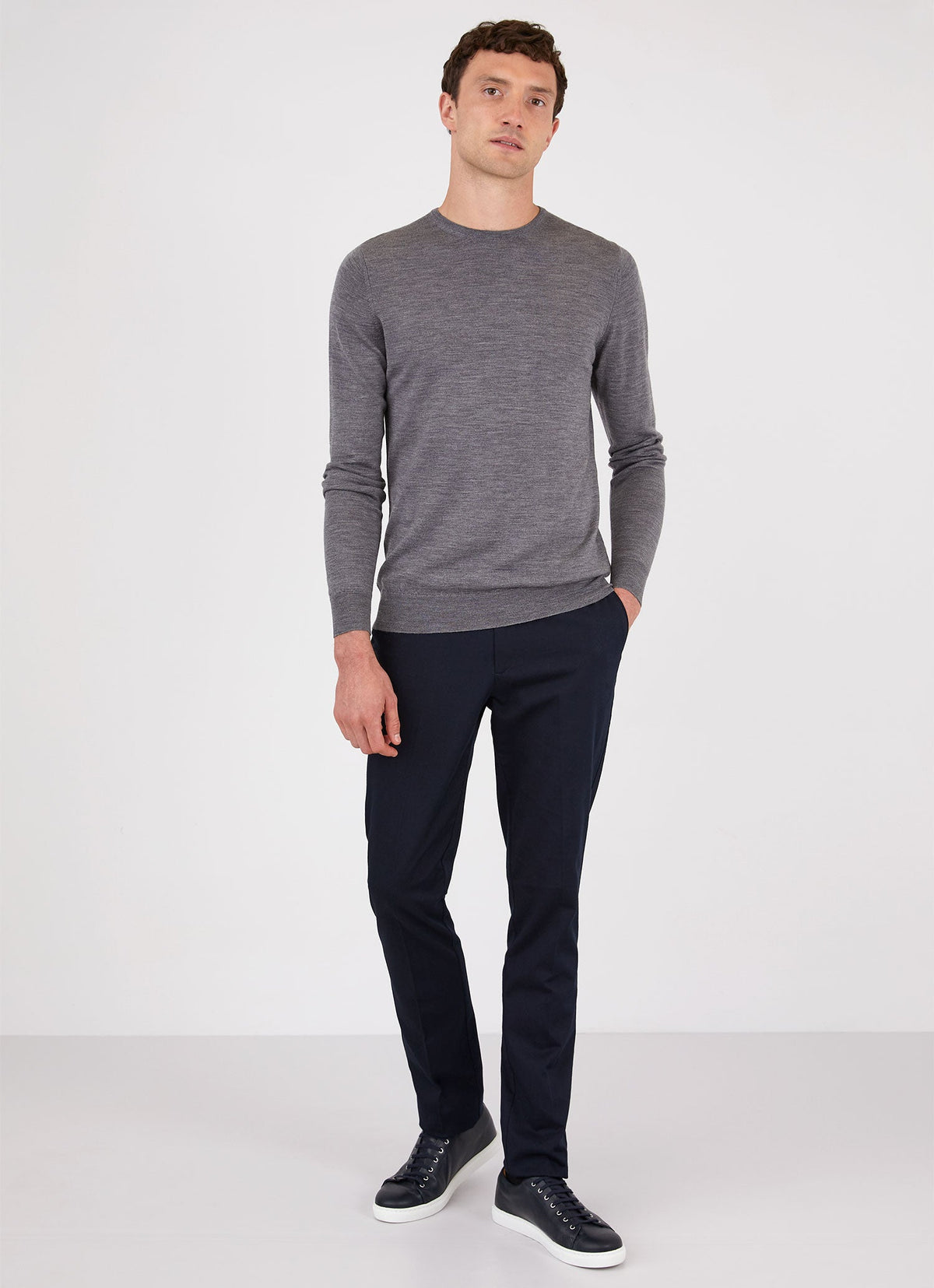 Mens Fine Merino Wool Jumper Grey Melange Mjum8058