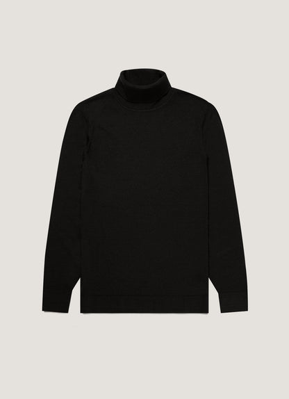 Mens Fine Merino Wool Roll Neck Jumper In Black