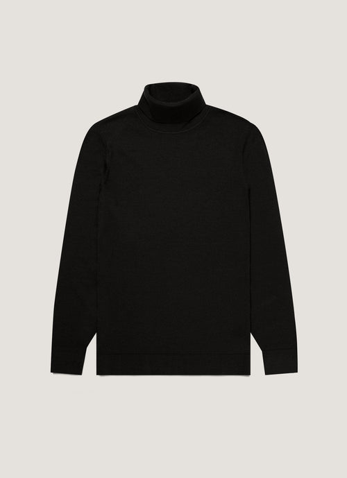 Mens Fine Merino Wool Roll Neck Jumper In Black