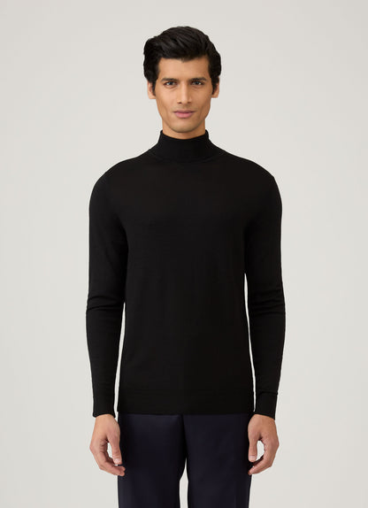 Mens Fine Merino Wool Roll Neck Jumper In Black