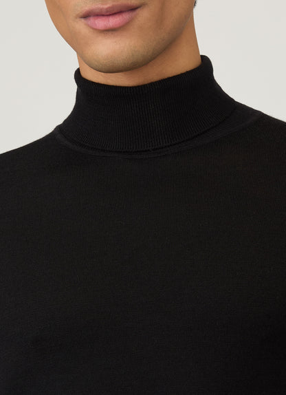 Mens Fine Merino Wool Roll Neck Jumper In Black