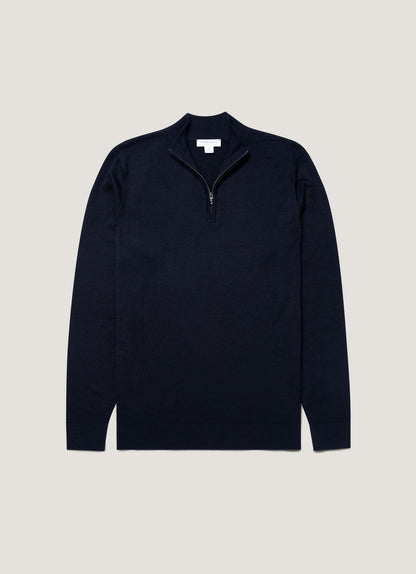 Mens Fine Merino Wool Zip Neck In Light Navy