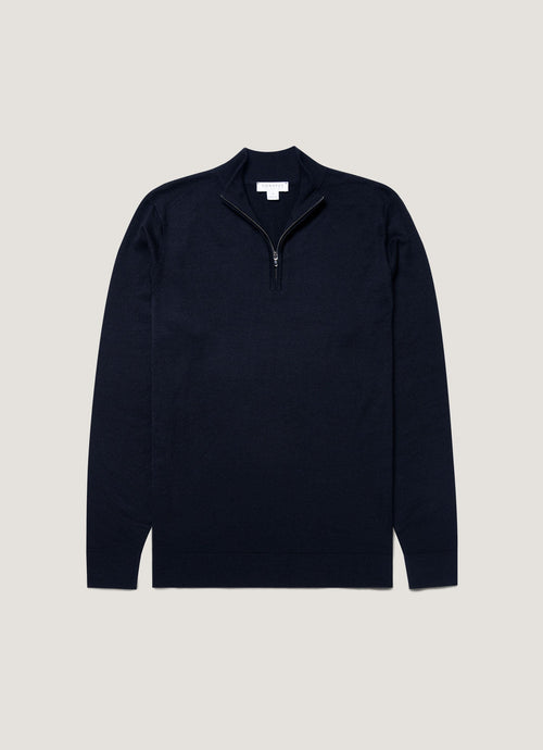 Mens Fine Merino Wool Zip Neck In Light Navy