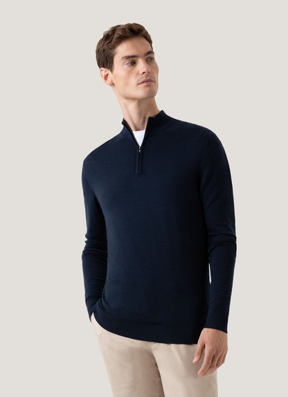 Mens Fine Merino Wool Zip Neck In Light Navy