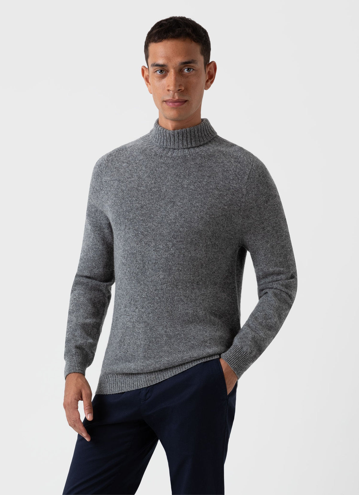 Mens Roll Neck Sweater In Mid Grey Melange