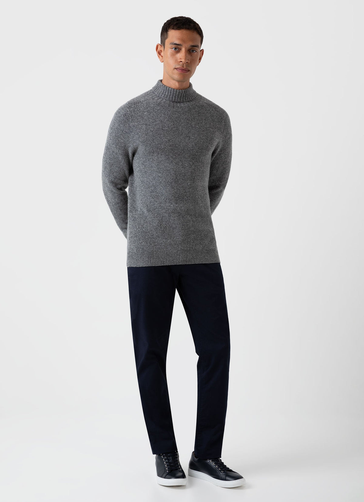 Mens Roll Neck Sweater In Mid Grey Melange
