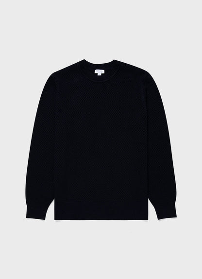 Mens Honeycomb Cotton Crew Neck Jumper In Navy Mjum8207 Buaa