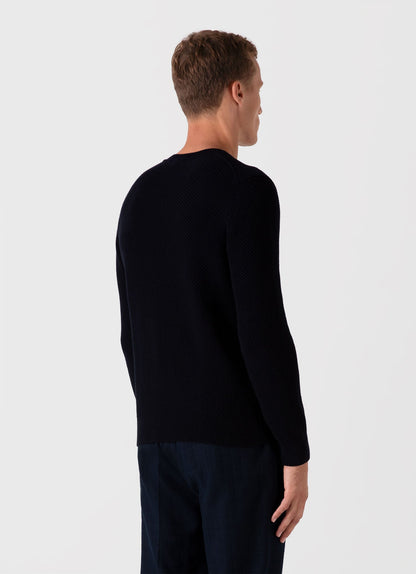 Mens Honeycomb Cotton Crew Neck Jumper In Navy Mjum8207 Buaa