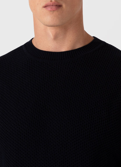 Mens Honeycomb Cotton Crew Neck Jumper In Navy Mjum8207 Buaa