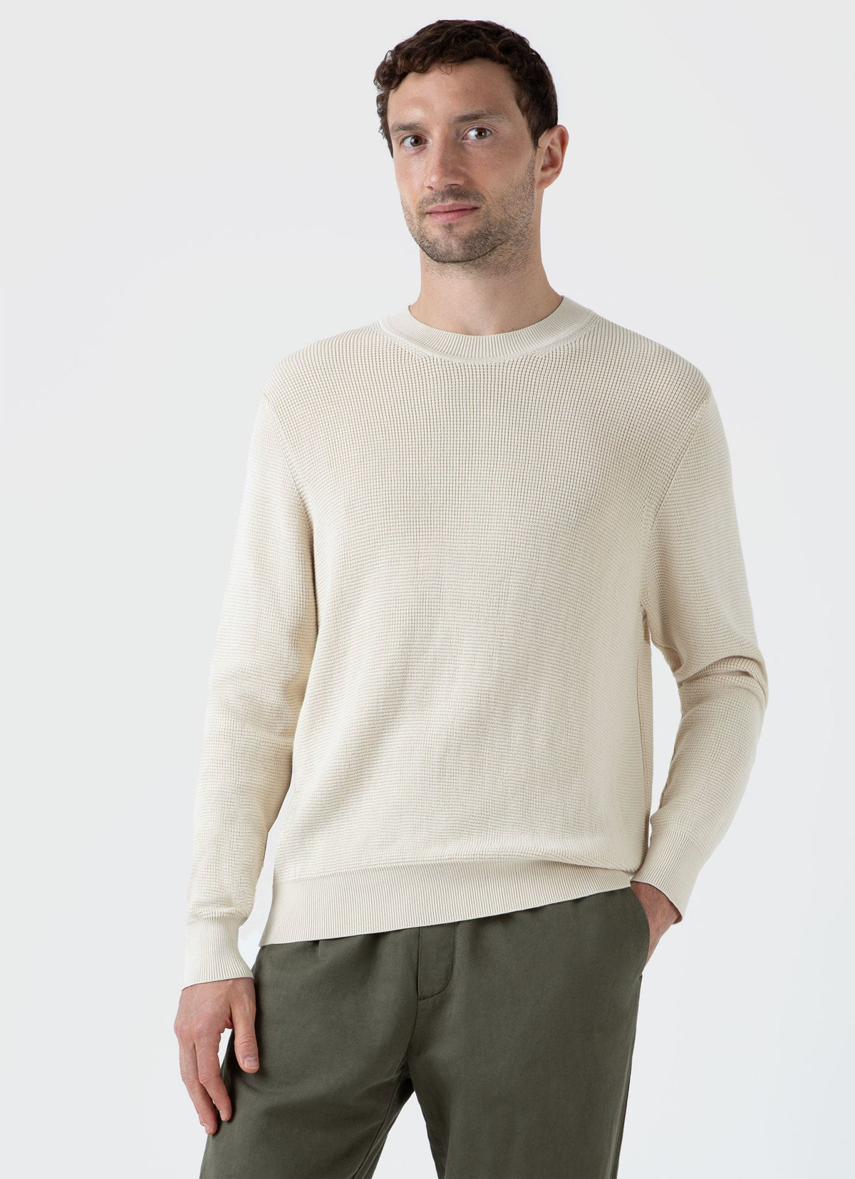 Mens Waffle Stitch Crew Neck Jumper In Ecru Mjum8231 Whcr
