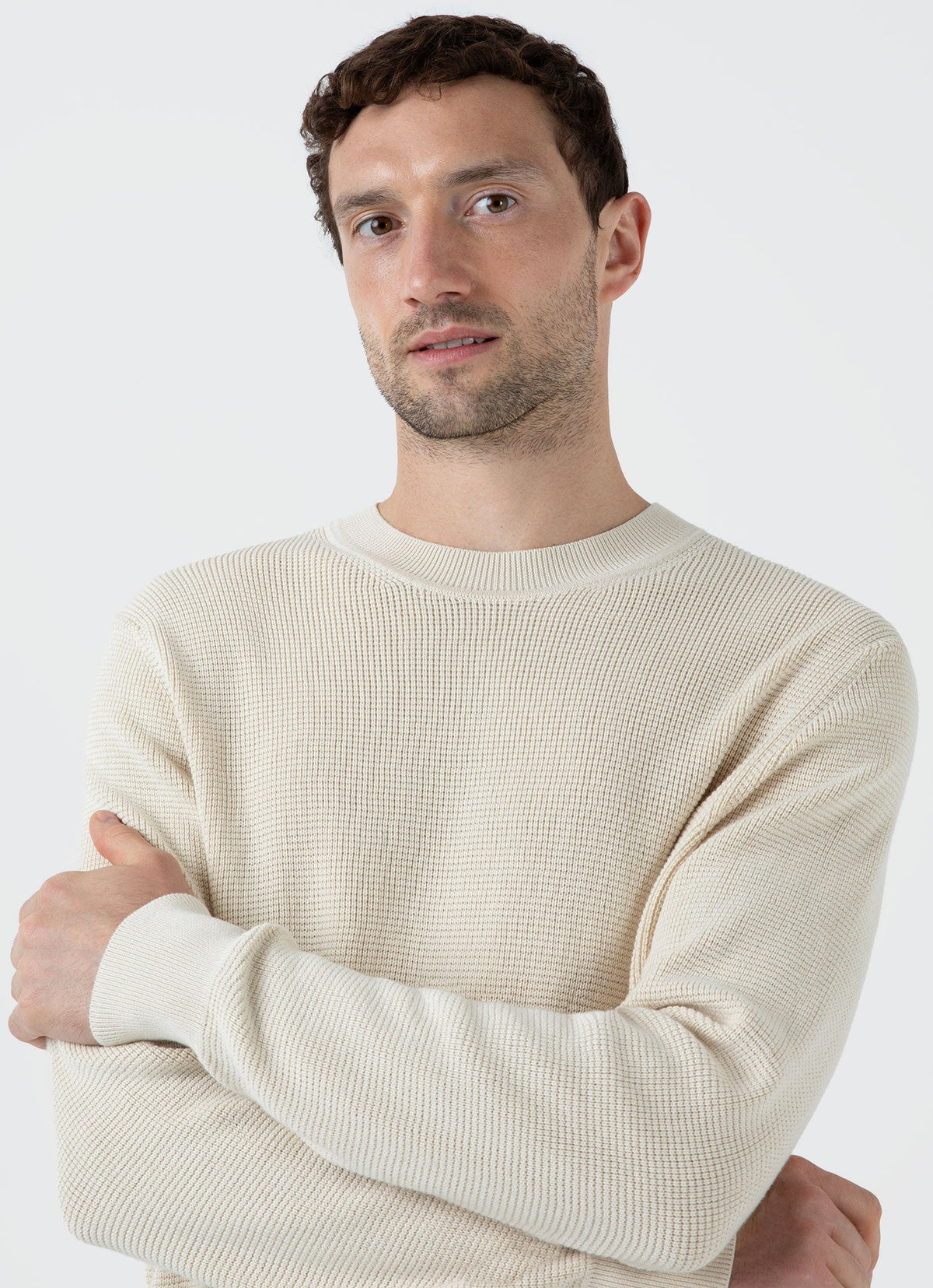 Mens Waffle Stitch Crew Neck Jumper In Ecru Mjum8231 Whcr