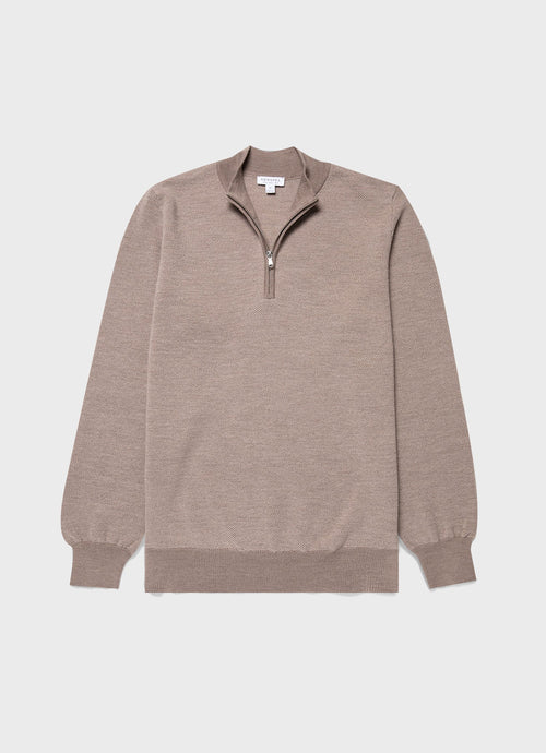 Mens Merino Honeycomb Zip Neck Jumper In Light Sandstone Mjum8259 Brfd