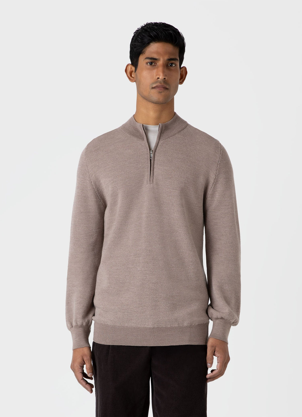 Mens Merino Honeycomb Zip Neck Jumper In Light Sandstone Mjum8259 Brfd