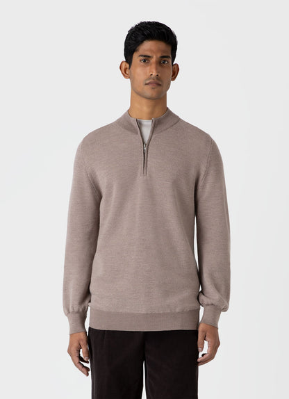 Mens Merino Honeycomb Zip Neck Jumper In Light Sandstone Mjum8259 Brfd