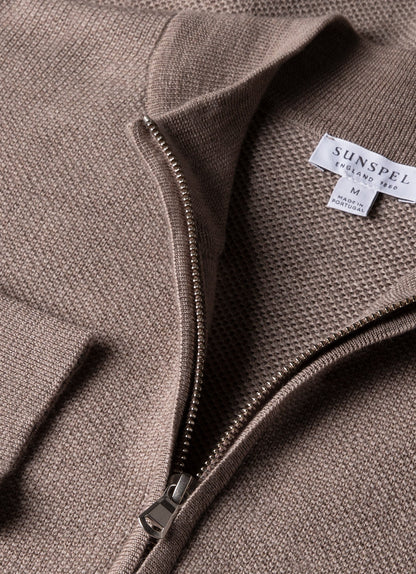 Mens Merino Honeycomb Zip Neck Jumper In Light Sandstone Mjum8259 Brfd