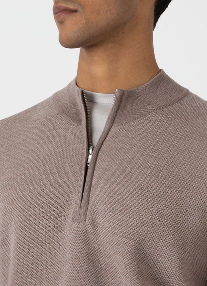 Mens Merino Honeycomb Zip Neck Jumper In Light Sandstone Mjum8259 Brfd