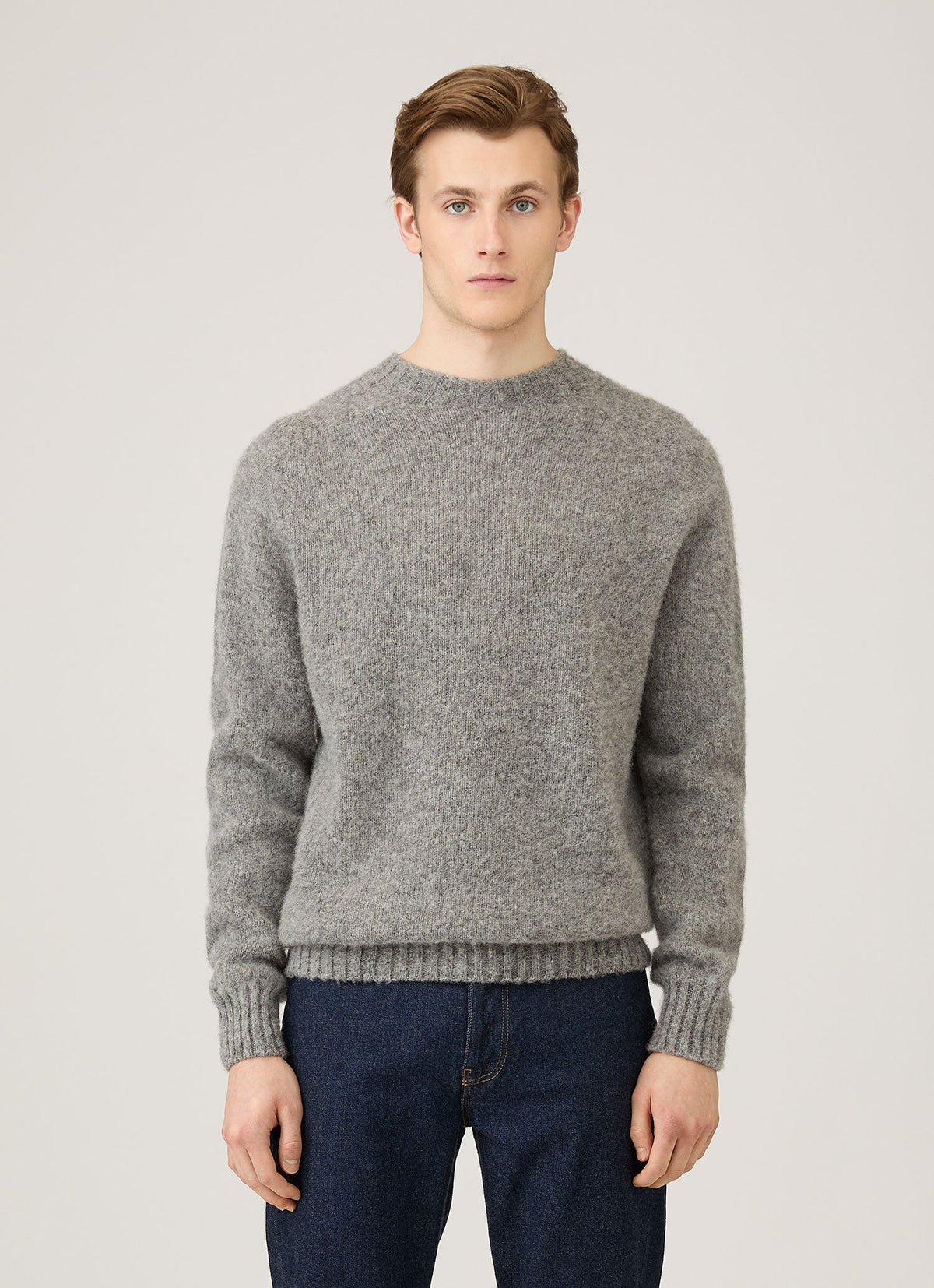 Mens Shetland Crew Neck Jumper In Mid Grey Melange Mjum8266 Gyak