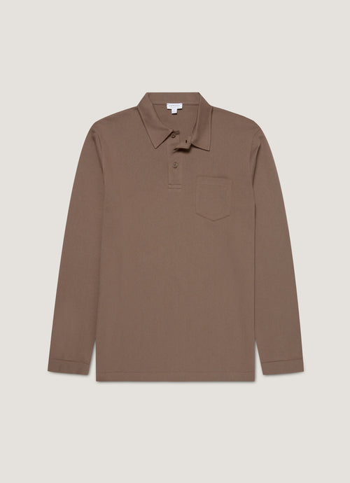 Mens Long Sleeve Riviera Polo Shirt In Bark Mpol1031 Brgc