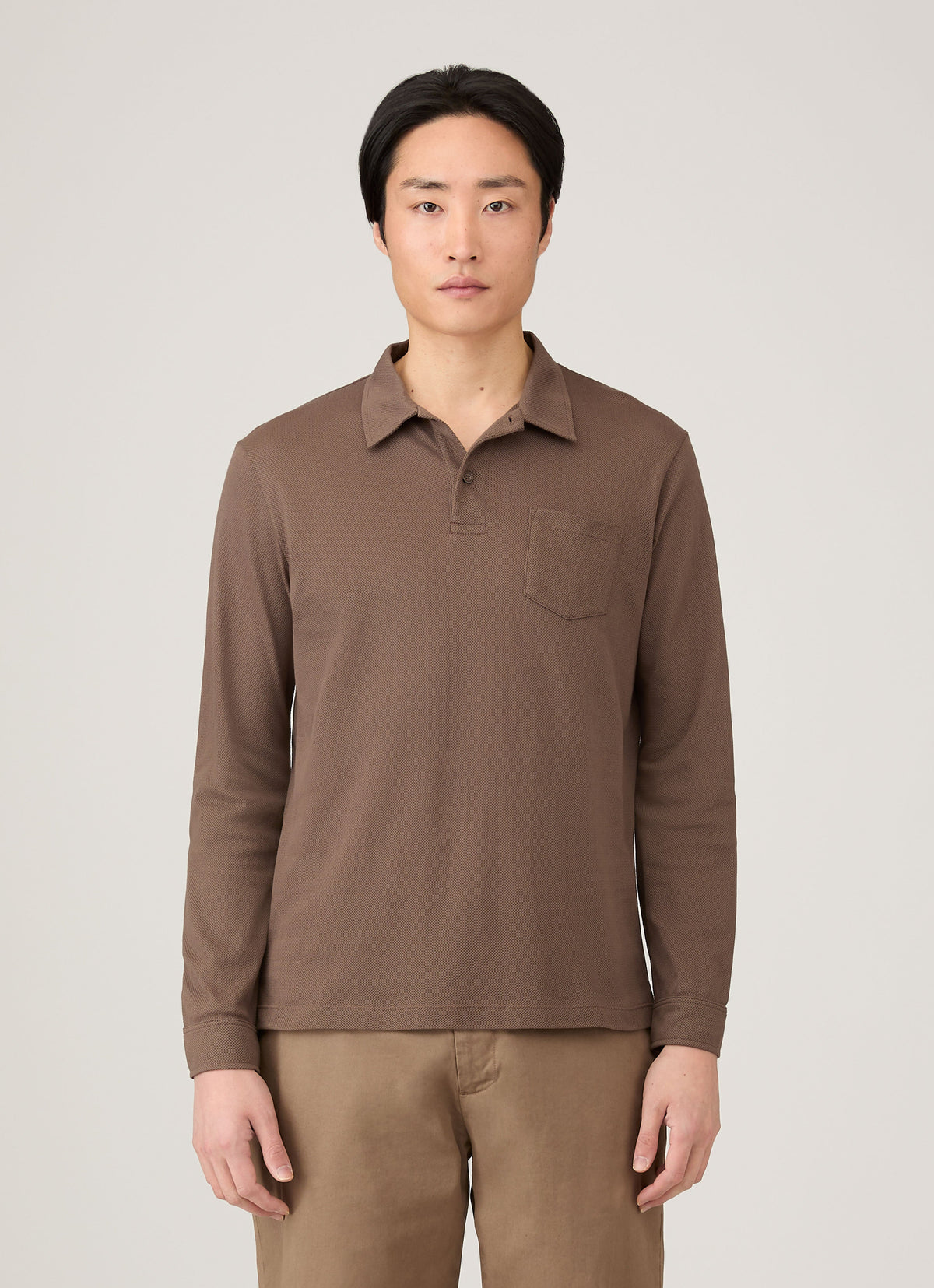 Mens Long Sleeve Riviera Polo Shirt In Bark Mpol1031 Brgc