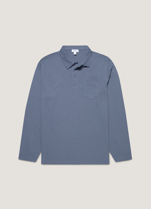 Mens Long Sleeve Riviera Polo Shirt In Selvedge Blue Mpol1031 Buwf