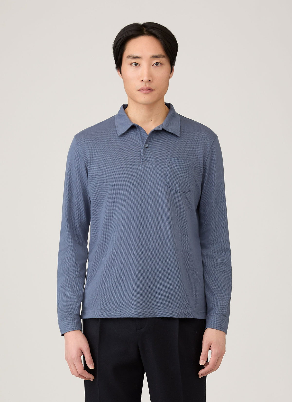 Mens Long Sleeve Riviera Polo Shirt In Selvedge Blue Mpol1031 Buwf