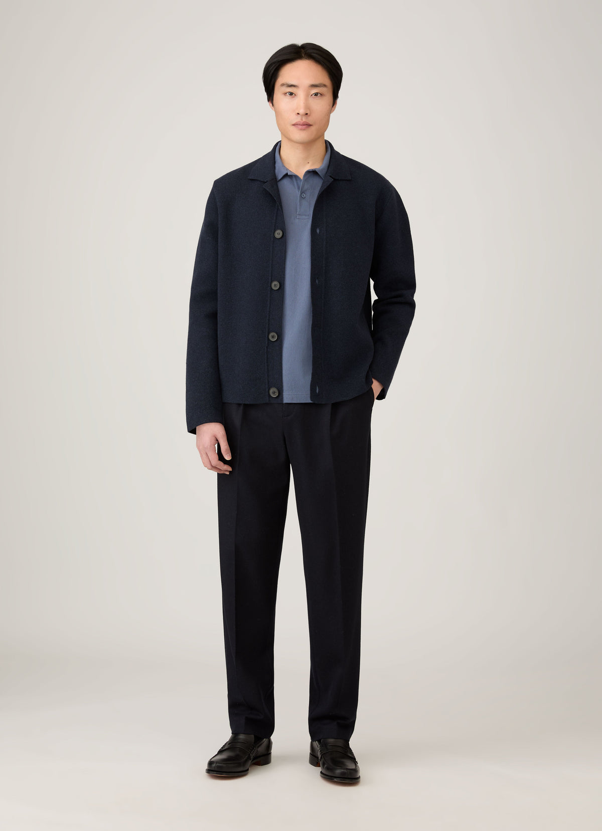 Mens Long Sleeve Riviera Polo Shirt In Selvedge Blue Mpol1031 Buwf