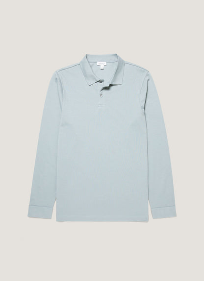 Mens Long Sleeve Pique Polo Shirt In Stone Blue Mpol1065 Buwt