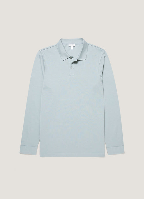 Mens Long Sleeve Pique Polo Shirt In Stone Blue Mpol1065 Buwt