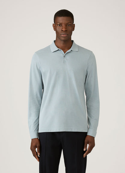 Mens Long Sleeve Pique Polo Shirt In Stone Blue Mpol1065 Buwt