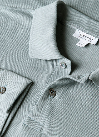 Mens Long Sleeve Pique Polo Shirt In Stone Blue Mpol1065 Buwt