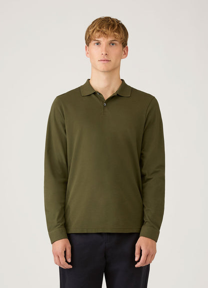 Mens Long Sleeve Pique Polo Shirt In Deep Olive Mpol1065 Gniz
