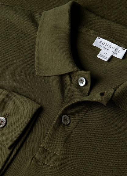 Mens Long Sleeve Pique Polo Shirt In Deep Olive Mpol1065 Gniz