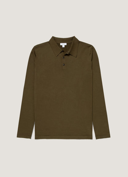 Mens Long Sleeve Sea Island Cotton Knit Polo Shirt In Deep Olive Mpol8047 Gniz