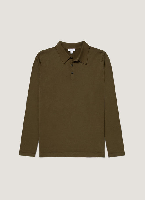 Mens Long Sleeve Sea Island Cotton Knit Polo Shirt In Deep Olive Mpol8047 Gniz