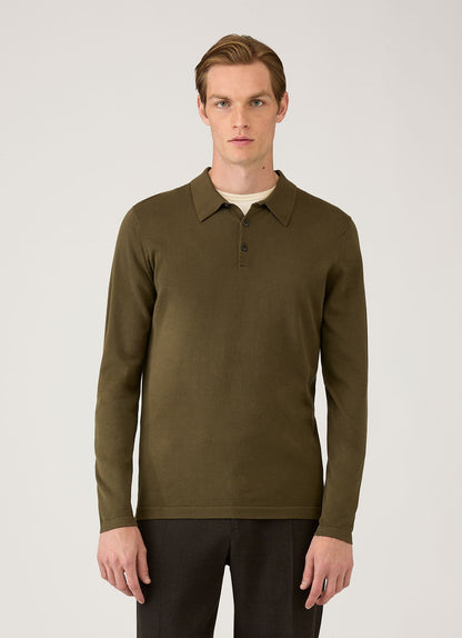 Mens Long Sleeve Sea Island Cotton Knit Polo Shirt In Deep Olive Mpol8047 Gniz