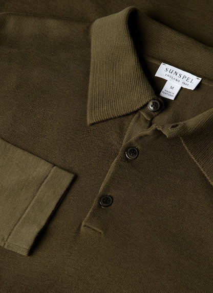 Mens Long Sleeve Sea Island Cotton Knit Polo Shirt In Deep Olive Mpol8047 Gniz