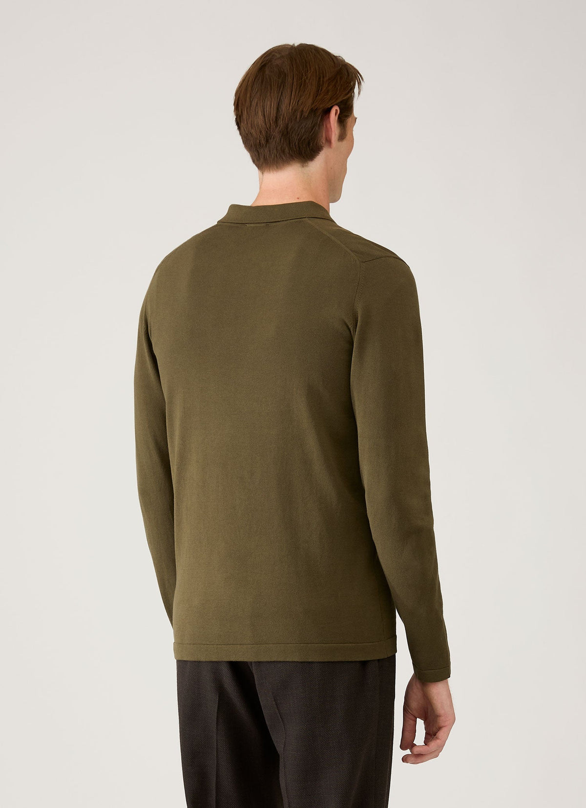Mens Long Sleeve Sea Island Cotton Knit Polo Shirt In Deep Olive Mpol8047 Gniz