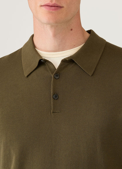 Mens Long Sleeve Sea Island Cotton Knit Polo Shirt In Deep Olive Mpol8047 Gniz