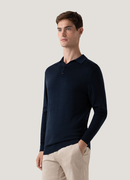 Mens Fine Merino Wool Polo Shirt In Light Navy