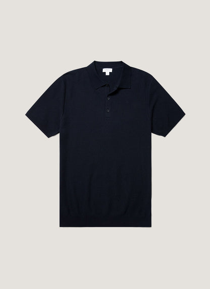 Mens Cotton Fine Texture Knitted Polo Shirt In Navy
