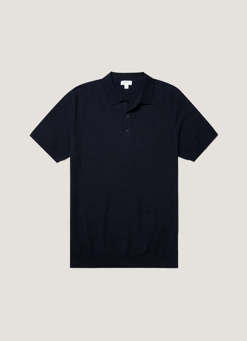 Mens Cotton Fine Texture Knitted Polo Shirt In Navy