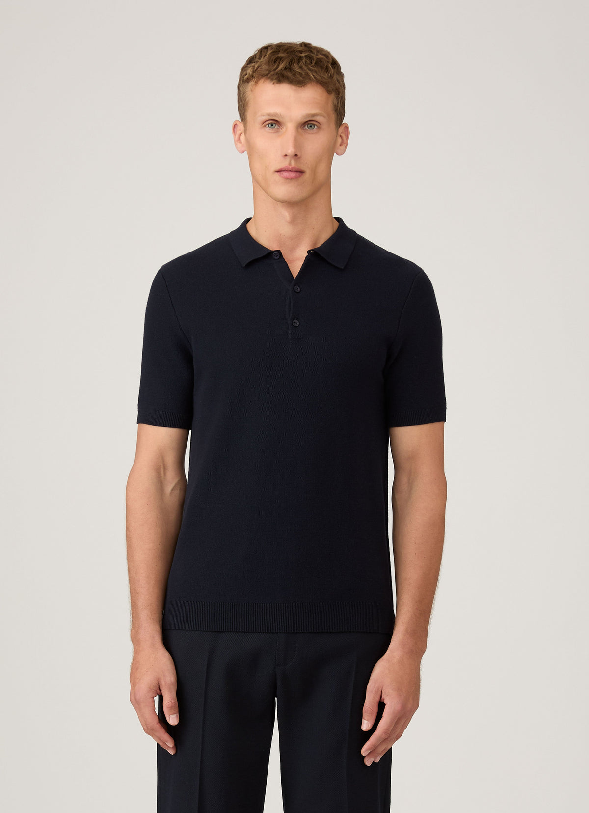 Mens Cotton Fine Texture Knitted Polo Shirt In Navy