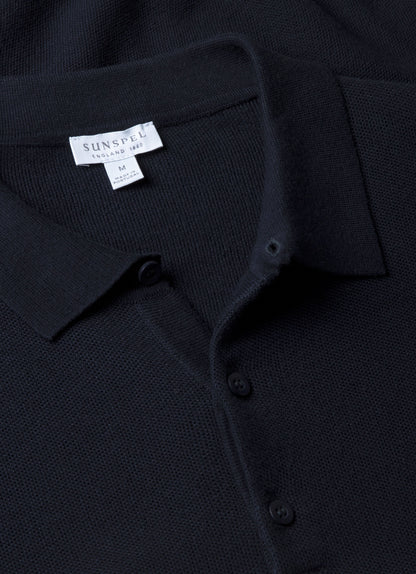 Mens Cotton Fine Texture Knitted Polo Shirt In Navy