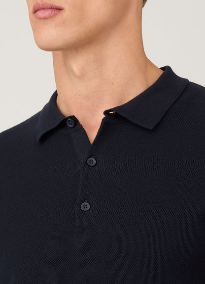 Mens Cotton Fine Texture Knitted Polo Shirt In Navy