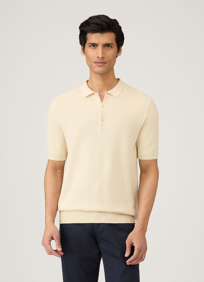 Mens Cotton Fine Texture Knitted Polo Shirt In Ecru