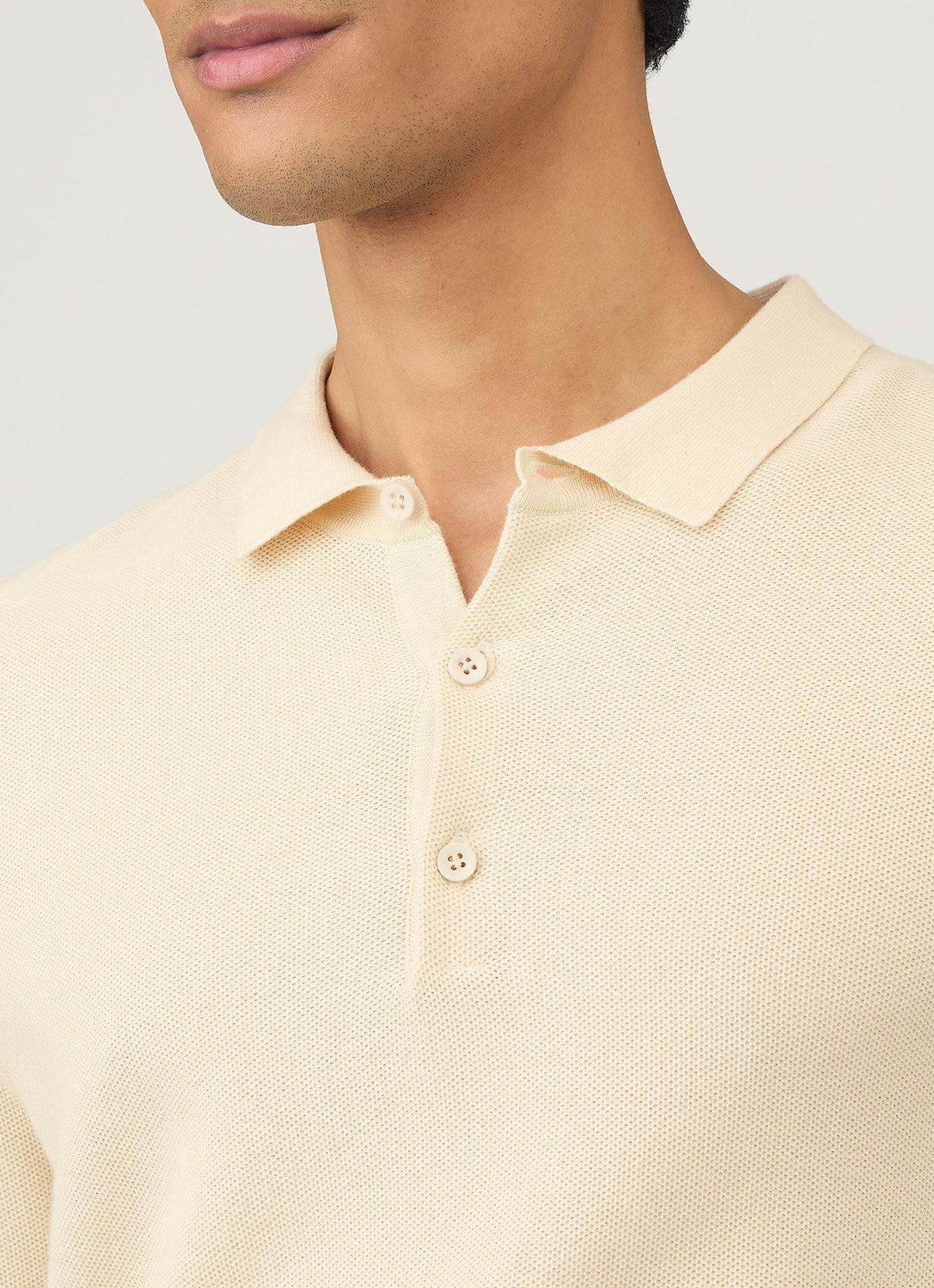 Mens Cotton Fine Texture Knitted Polo Shirt In Ecru