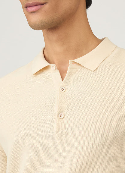 Mens Cotton Fine Texture Knitted Polo Shirt In Ecru