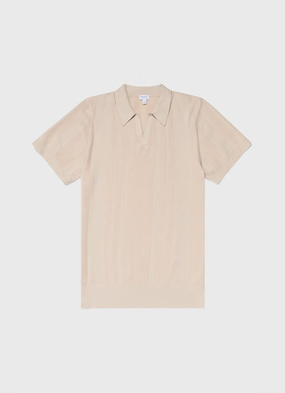 Mens Stripe Knit Polo Shirt In Beige Mpol8205 Whbe