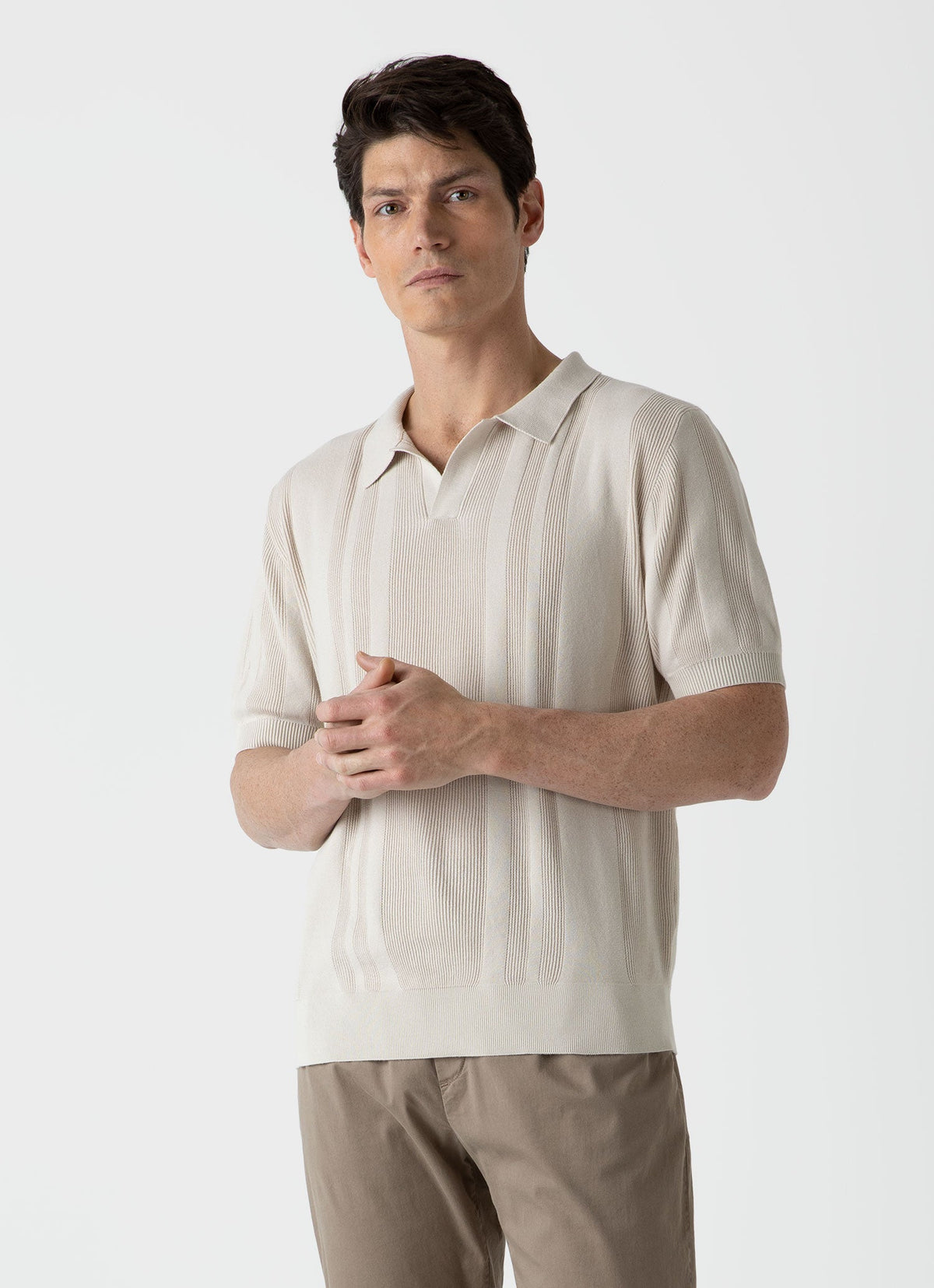 Mens Stripe Knit Polo Shirt In Beige Mpol8205 Whbe